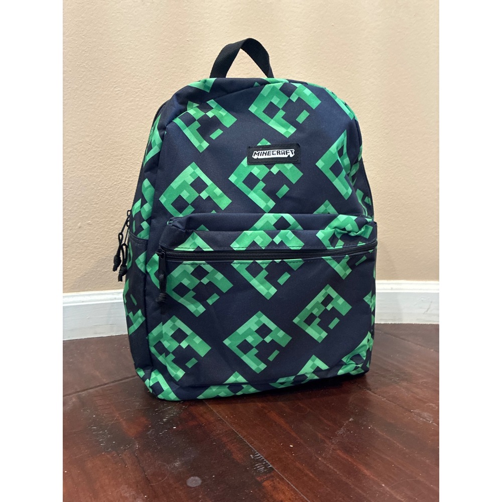 Minecraft Backpack OS Navy Green Creeper Pixel Print School Bag